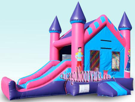 Pink Princess 3-1 Moonwalk Rental Chicago Illinois.  Just The Right Bouncer, Features a Slide & Basketball Hoop. So pretty and Pink, perfect for your Royal little darling.  Rent a Jumpy Castle Combo Today.